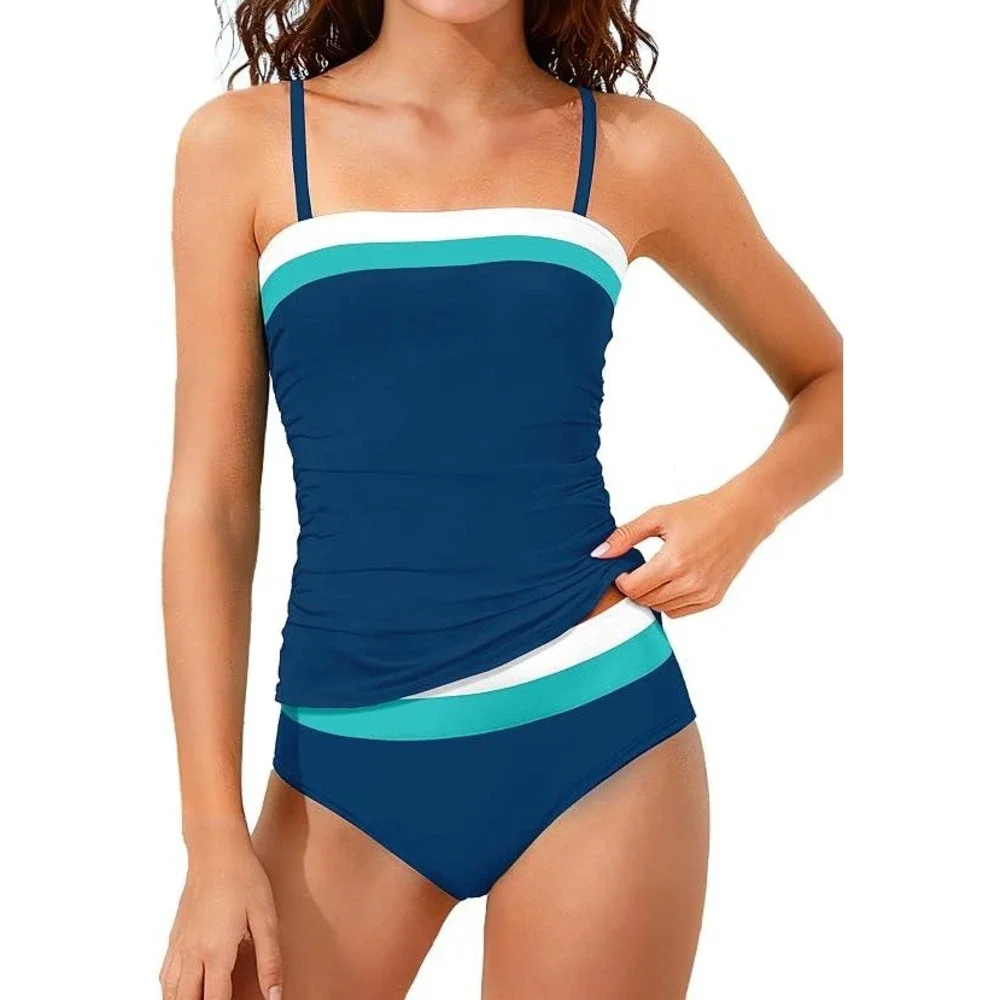 Blue Color Block Tankini Swimsuit Ruched Two Piece Kids Size 11-12Y